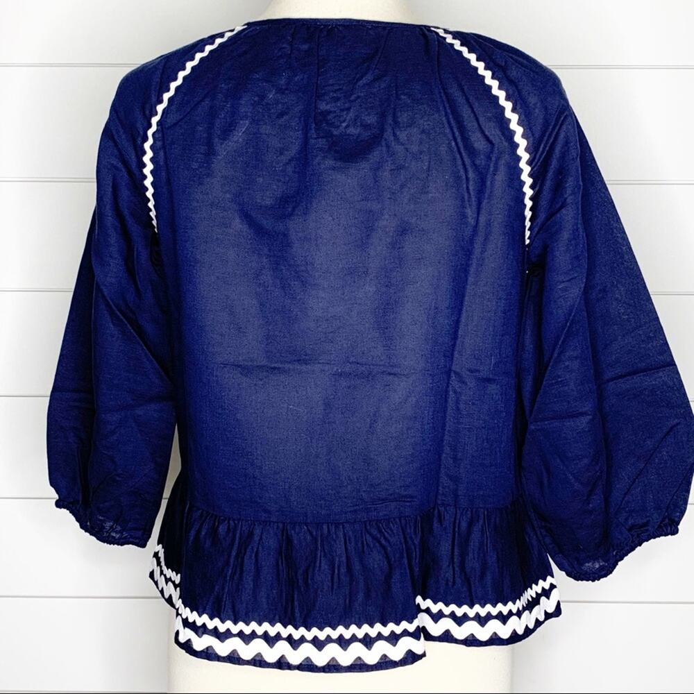 J.Crew Linen Ruffle Rickrack Trim Peasant Top Navy White XS - Picture 8 of 9